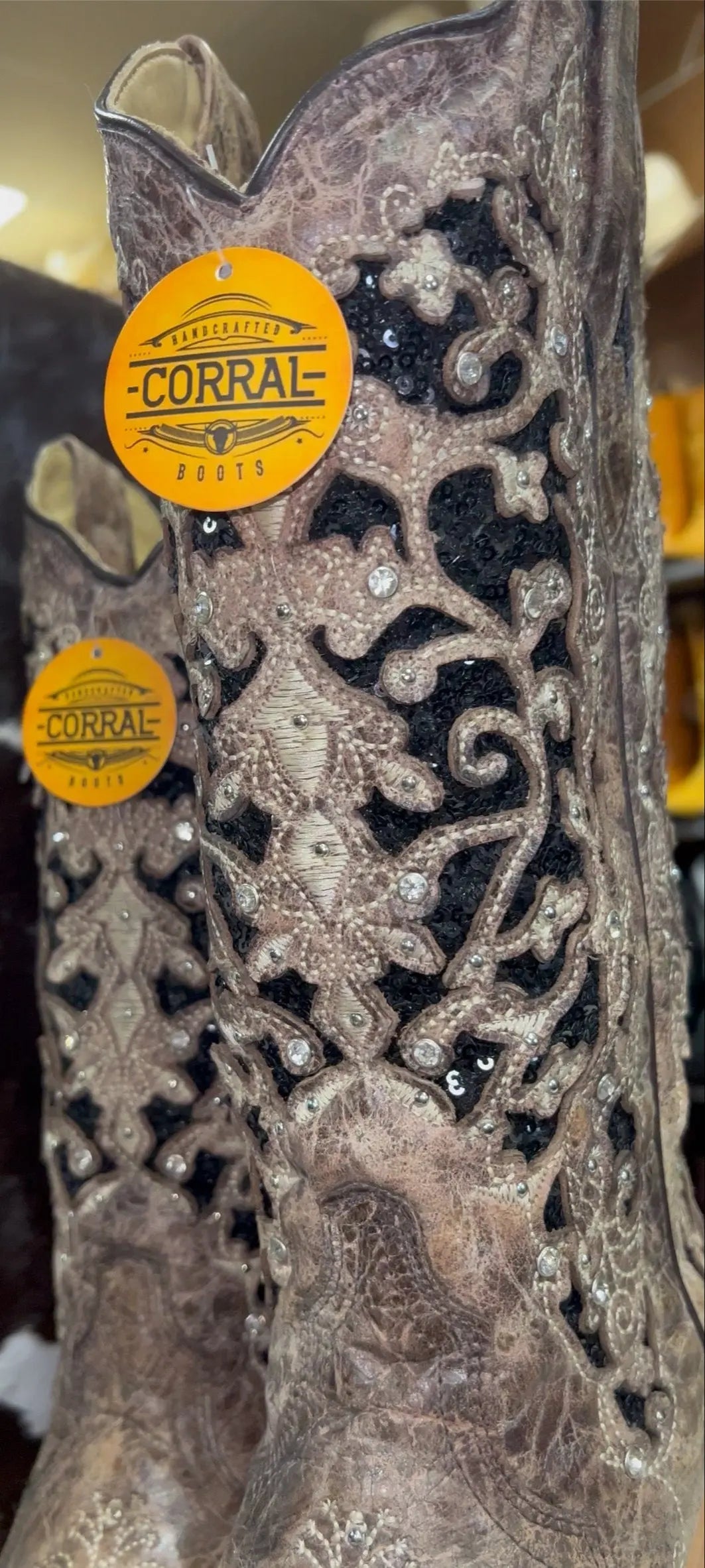 CORRAL WOMEN'S BLACK GLITTER INLAY FLORAL OVERLAY WITH CRYSTALS AND STUDS SNIP TOE BROWN COWBOY BOOT Sanchez Brothers Western Wear Aurora