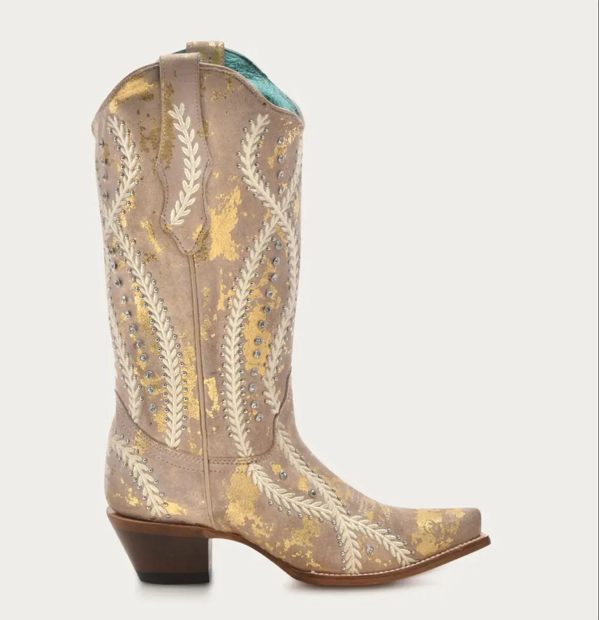 CORRAL WOMEN'S WHITE EMBROIDERY WITH CRYSTALS AND STUDS TAN WITH GOLD TOUCHES SNIP TOE COWBOY BOOT corral