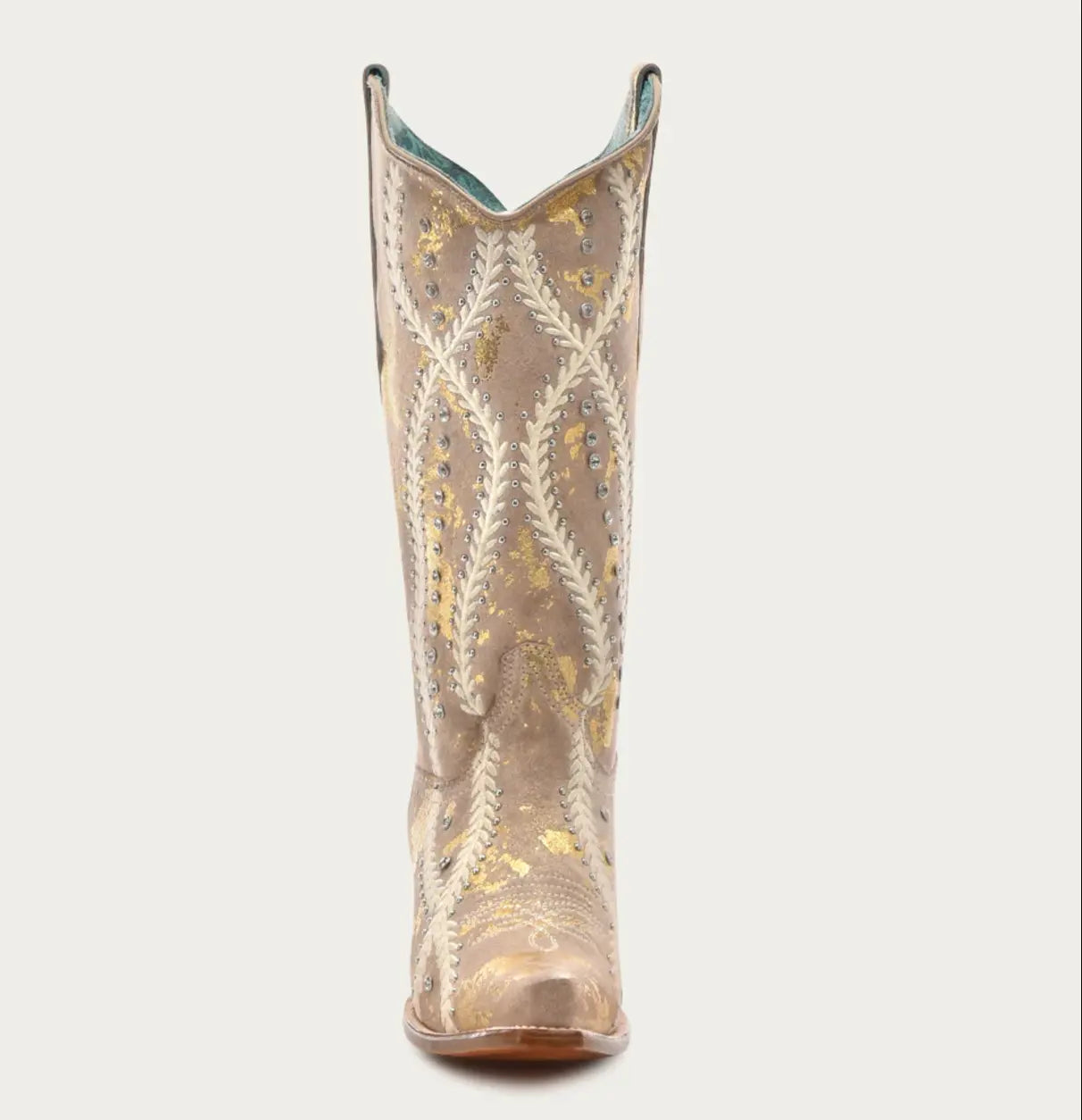 CORRAL WOMEN'S WHITE EMBROIDERY WITH CRYSTALS AND STUDS TAN WITH GOLD TOUCHES SNIP TOE COWBOY BOOT corral