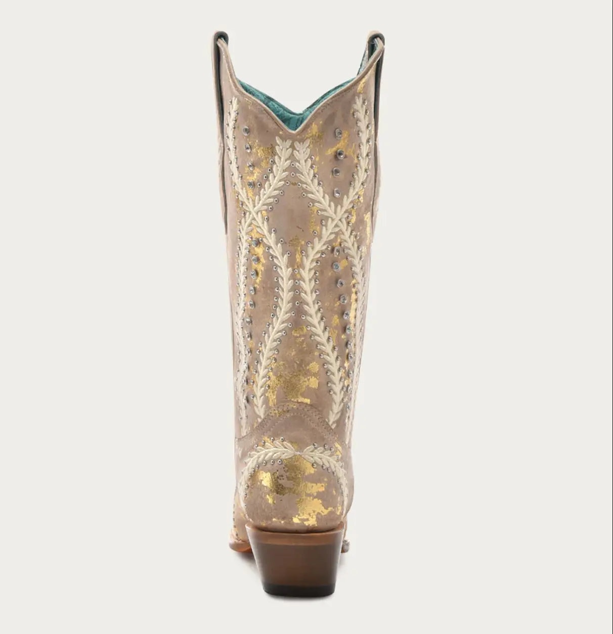 CORRAL WOMEN'S WHITE EMBROIDERY WITH CRYSTALS AND STUDS TAN WITH GOLD TOUCHES SNIP TOE COWBOY BOOT corral