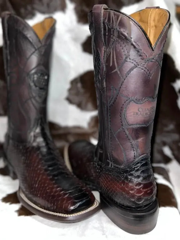 Cuadra Black Cherry/Mahogany Python Wide Square Toe Sanchez Brothers Western Wear Aurora