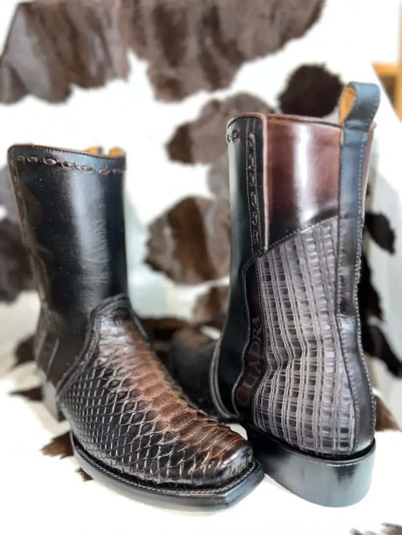 Cuadra Lisboa Black Python Laser & Woven and Zipper Narrow Square Toe Cuadra