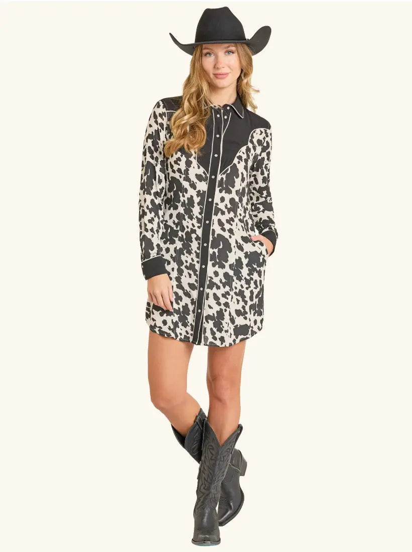 retro western dress Women's Cow Print Retro Yoke Dress S