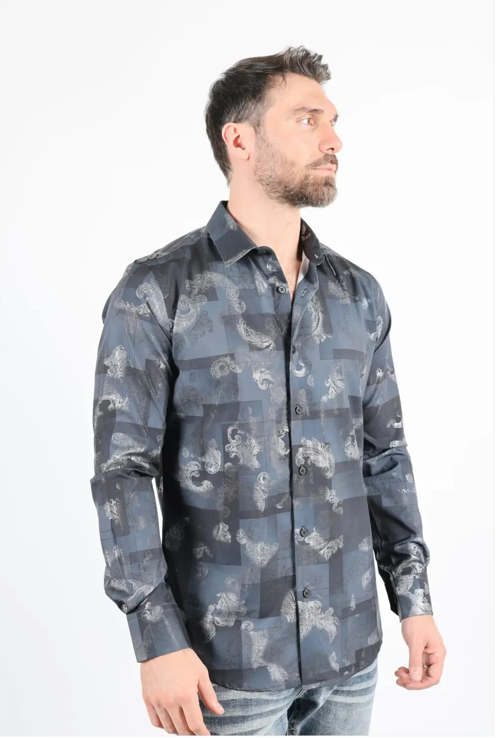 Platini Mens Modern Fit Stretch Foiled Black Long Sleeve Shirt Sanchez Brothers Western Wear Aurora