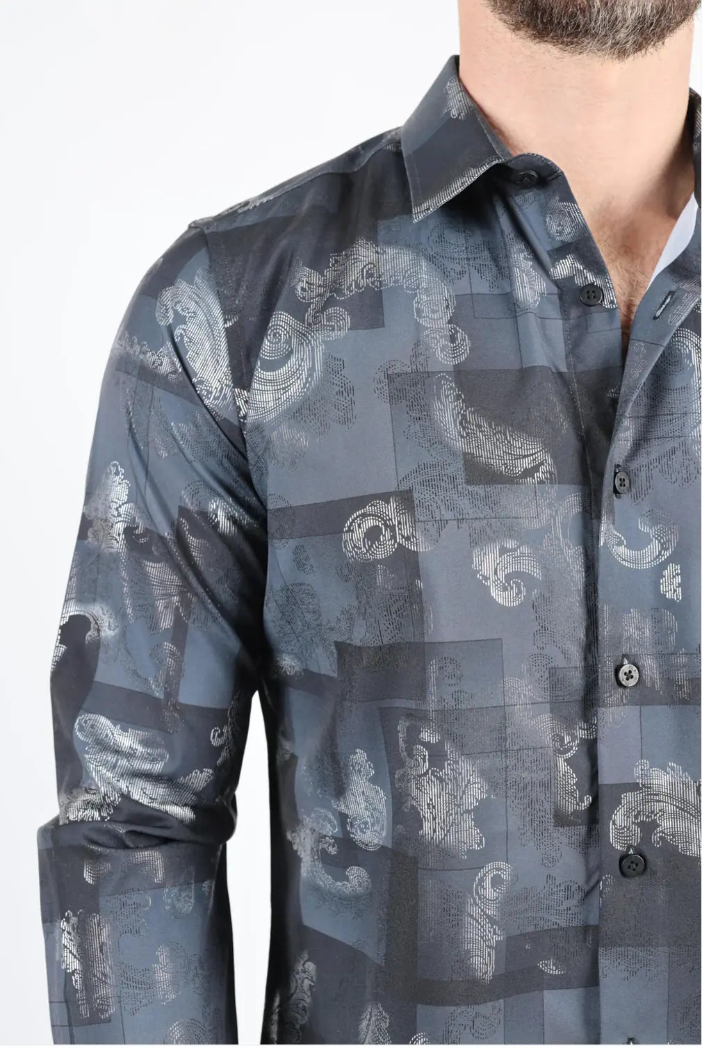 Platini Mens Modern Fit Stretch Foiled Black Long Sleeve Shirt Sanchez Brothers Western Wear Aurora