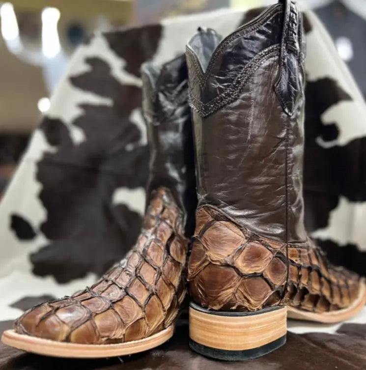 WHITE DIAMOND PIRARUCU FISH WIDE SQUARE TOE BROWN Sanchez Brothers Western Wear Aurora