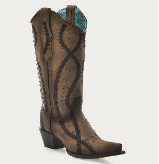 CORRAL WOMEN'S BLACK EMBROIDERY WITH CRYSTALS AND STUDS BROWN SNIP TOE COWBOY BOOT corral