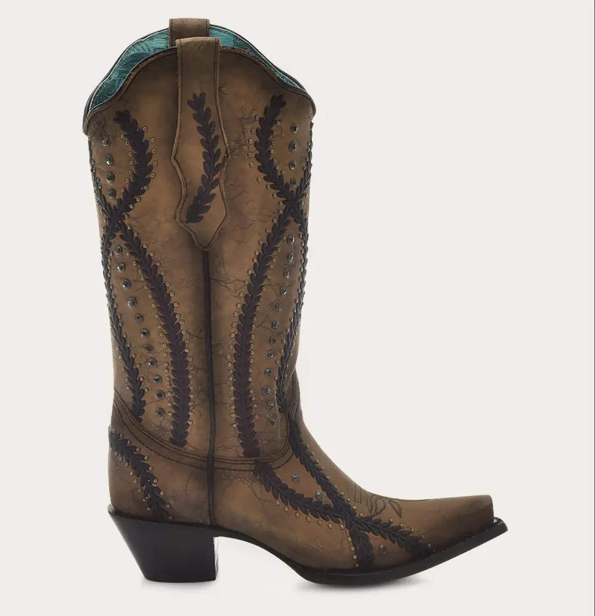 CORRAL WOMEN'S BLACK EMBROIDERY WITH CRYSTALS AND STUDS BROWN SNIP TOE COWBOY BOOT corral