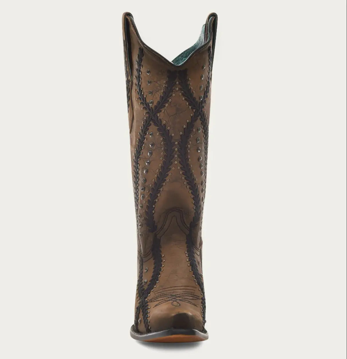 CORRAL WOMEN'S BLACK EMBROIDERY WITH CRYSTALS AND STUDS BROWN SNIP TOE COWBOY BOOT corral