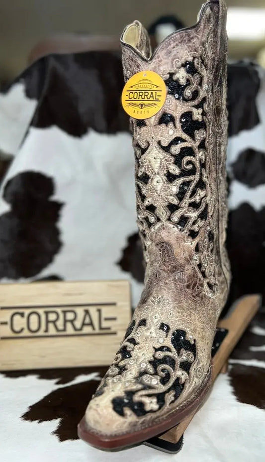 CORRAL WOMEN'S BLACK GLITTER INLAY FLORAL OVERLAY WITH CRYSTALS AND STUDS SNIP TOE BROWN COWBOY BOOT Sanchez Brothers Western Wear Aurora