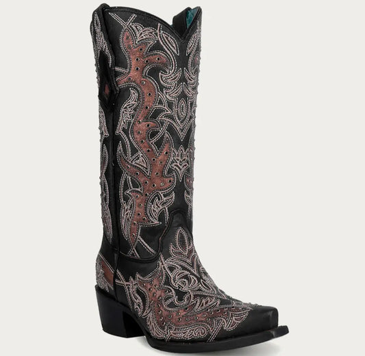CORRAL WOMEN'S COPPER EMBROIDERY AND CRYSTALS SNIP TOE BLACK COWBOY BOOT Cuadra
