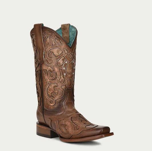 CORRAL WOMEN'S HORSESHOE OVERLAY BROWN SQUARE TOE COWBOY BOOT Cuadra