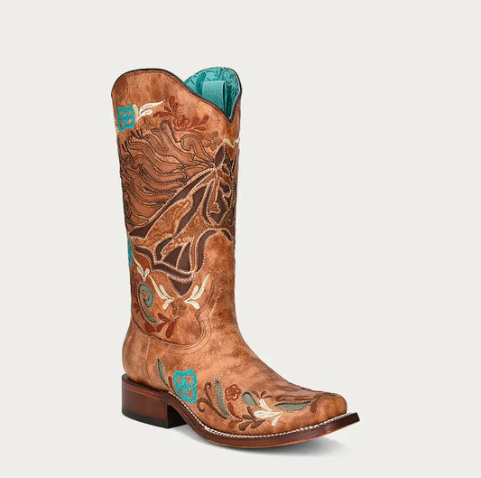 CORRAL WOMEN'S MULTICOLOR IRIDESCENT HORSE INLAY AND EMBROIDERY SQUARE TOE SAND COWBOY BOOT Corral