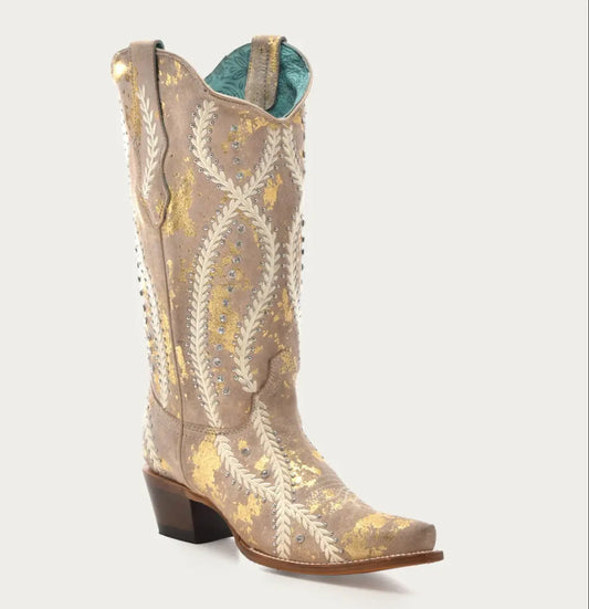 CORRAL WOMEN'S WHITE EMBROIDERY WITH CRYSTALS AND STUDS TAN WITH GOLD TOUCHES SNIP TOE COWBOY BOOT corral