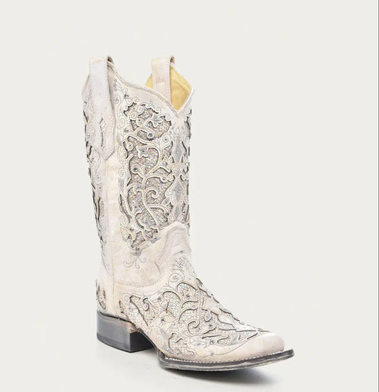 CORRAL WOMEN'S WHITE GLITTERED INLAY AND CRYSTALS SQUARE TOE WEDDING COWBOY BOOT Corral