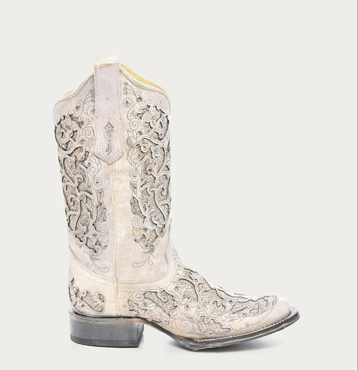 CORRAL WOMEN'S WHITE GLITTERED INLAY AND CRYSTALS SQUARE TOE WEDDING COWBOY BOOT Corral