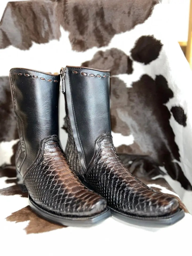 Cuadra Lisboa Black Python Laser & Woven and Zipper Narrow Square Toe Cuadra