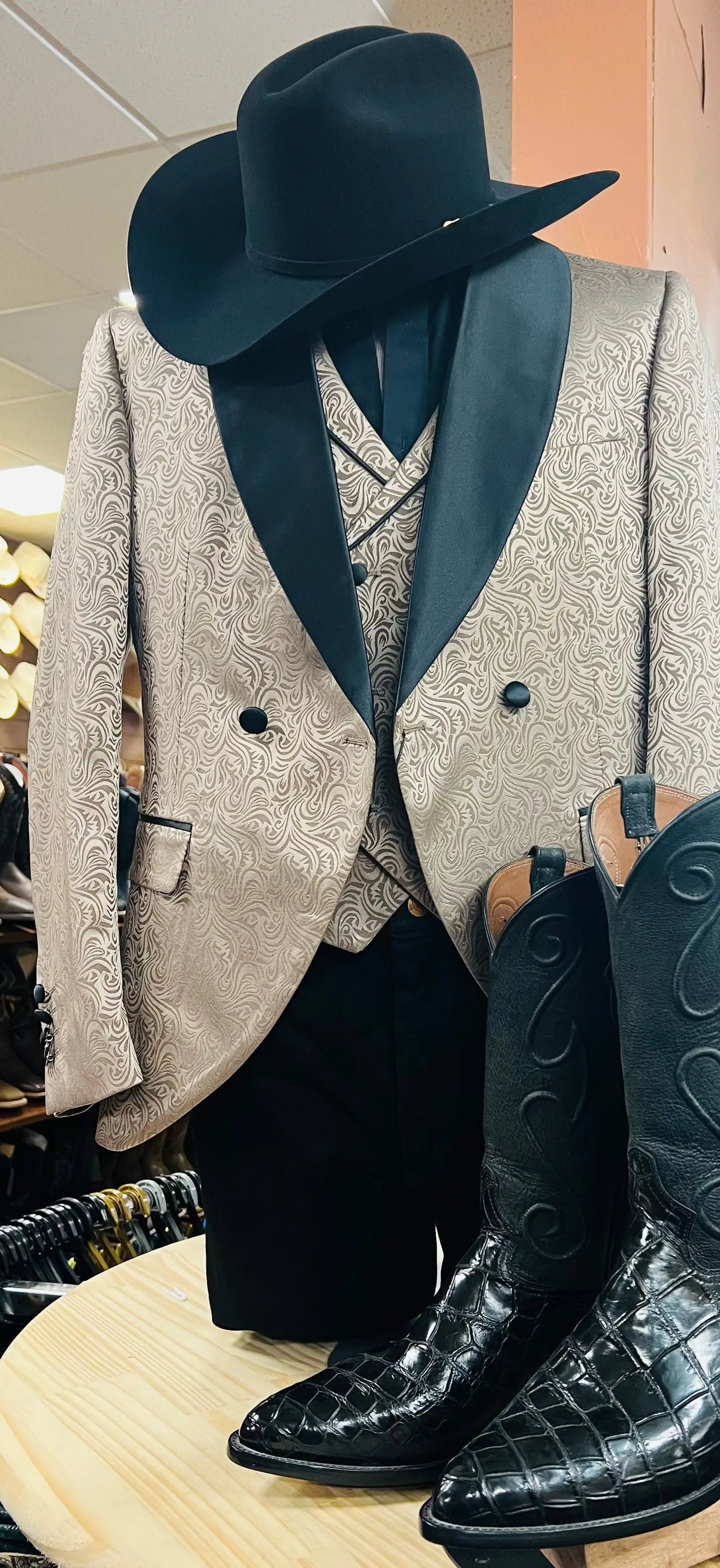 Men Patterned Khaki Double-Breasted Blazer & Vest Set Sanchez Brothers Western Wear Aurora