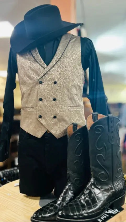 Men Patterned Khaki Double-Breasted Blazer & Vest Set Sanchez Brothers Western Wear Aurora