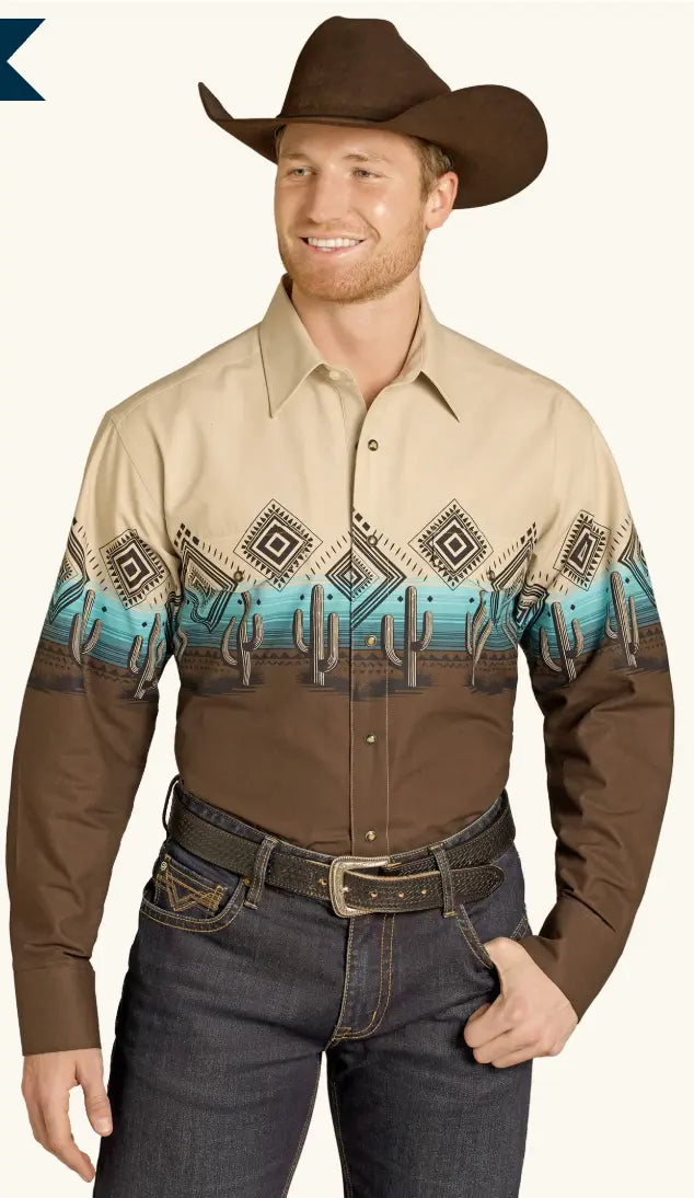 Panhandle Aztec Cactus Print Border Shirt Sanchez Brothers Western Wear Aurora