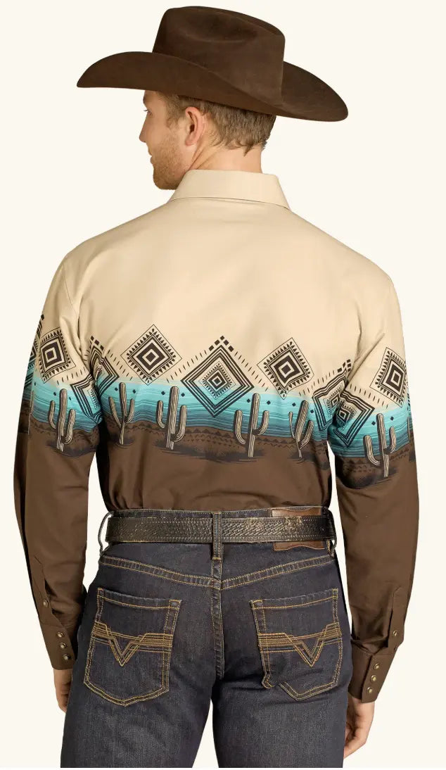 Panhandle Aztec Cactus Print Border Shirt Sanchez Brothers Western Wear Aurora