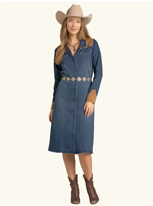 Panhandle Denim Dress With Microsuede Yokes Sanchez Brothers Western Wear Aurora