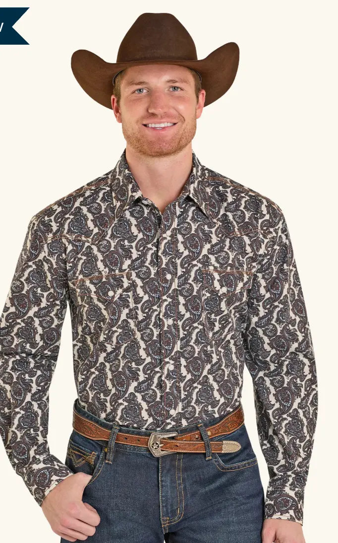 Panhandle Slim Rough Stock Fancy Bold Paisley Long Sleeve Snap Shirt Brown Sanchez Brothers Western Wear Aurora