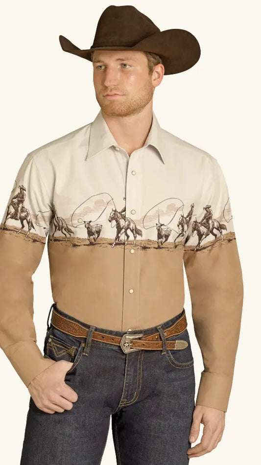 Panhandle Slim Western Cowboy Border Shirt Tan Sanchez Brothers Western Wear Aurora