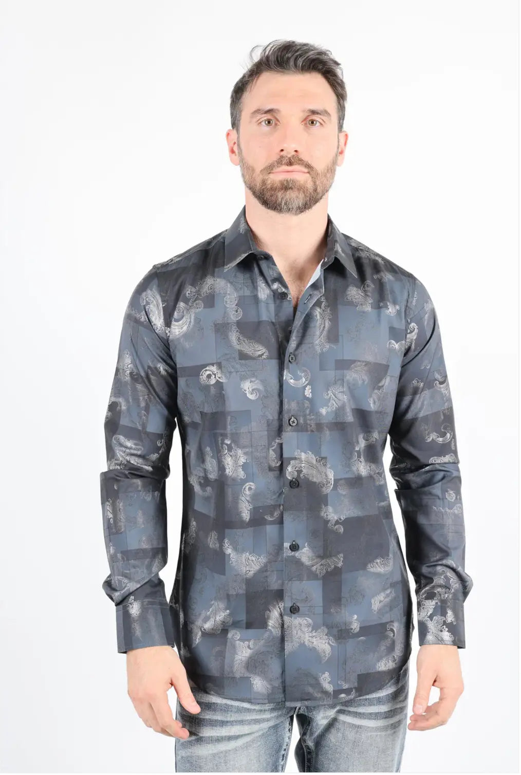Platini Mens Modern Fit Stretch Foiled Black Long Sleeve Shirt