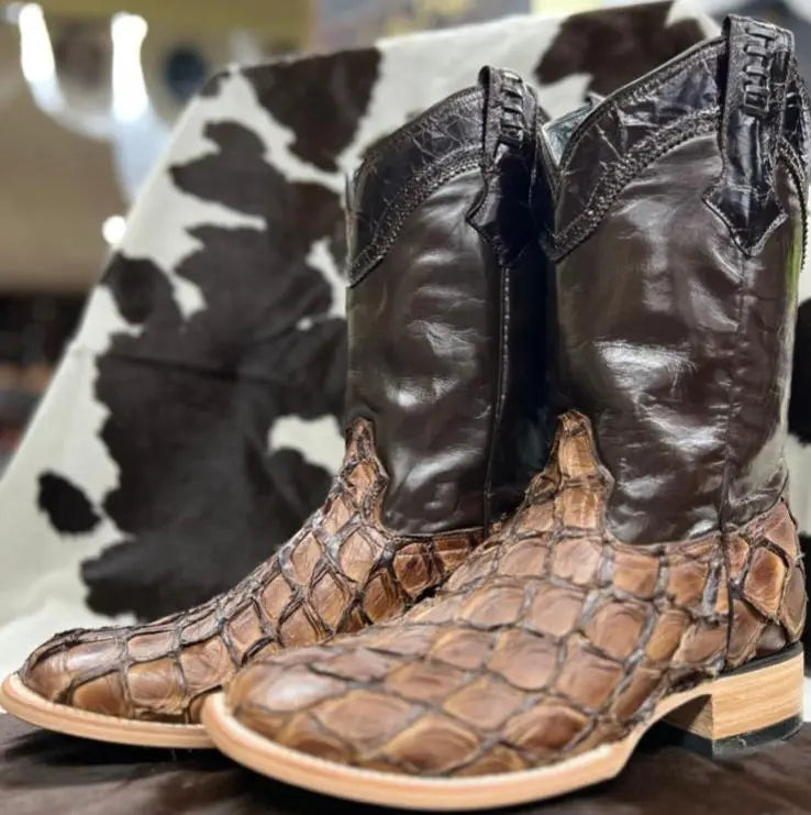 WHITE DIAMOND PIRARUCU FISH WIDE SQUARE TOE BROWN Sanchez Brothers Western Wear Aurora