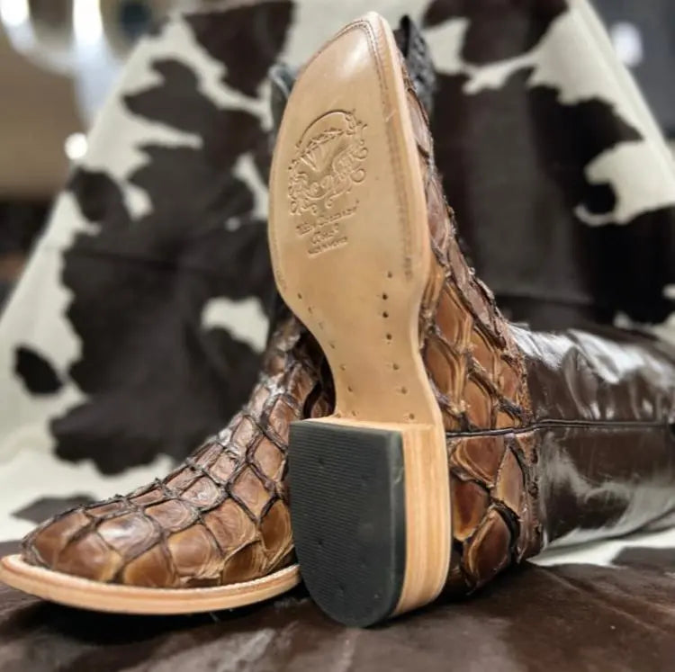 WHITE DIAMOND PIRARUCU FISH WIDE SQUARE TOE BROWN Sanchez Brothers Western Wear Aurora