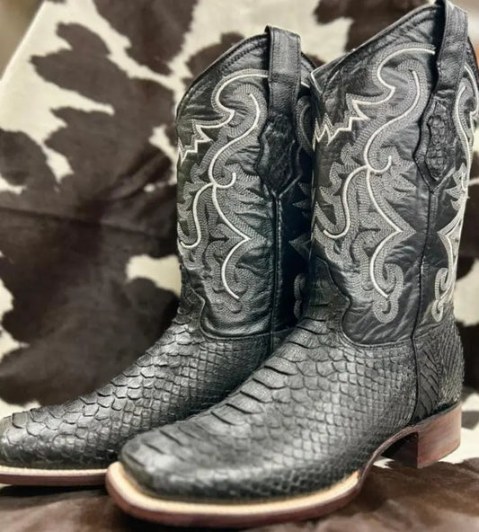 WHITE DIAMOND PYTHON BOOTS SQUARE TOE BLACK White Diamond