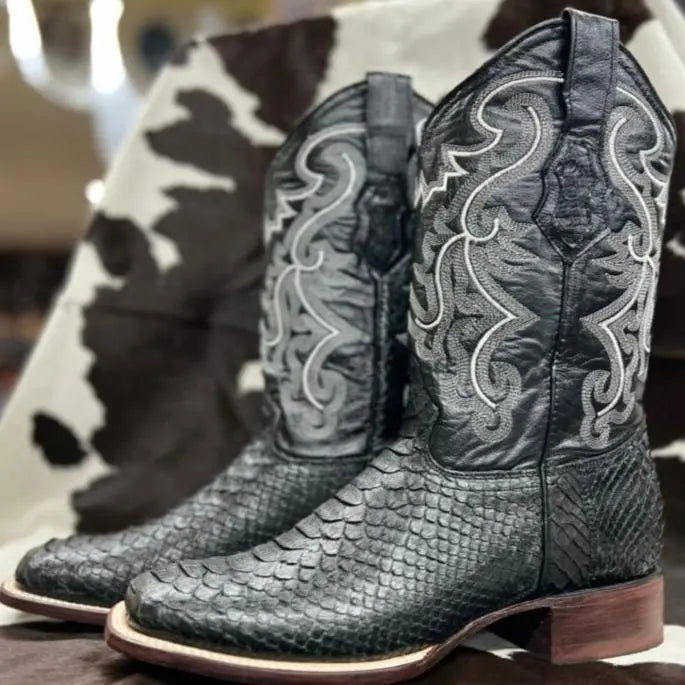 WHITE DIAMOND PYTHON BOOTS SQUARE TOE BLACK White Diamond