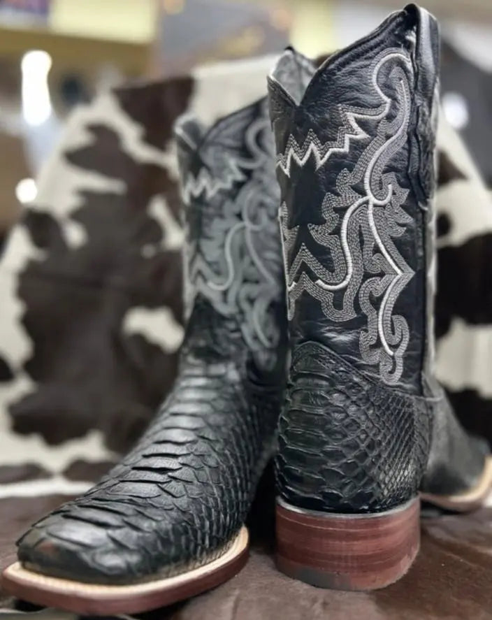 WHITE DIAMOND PYTHON BOOTS SQUARE TOE BLACK White Diamond